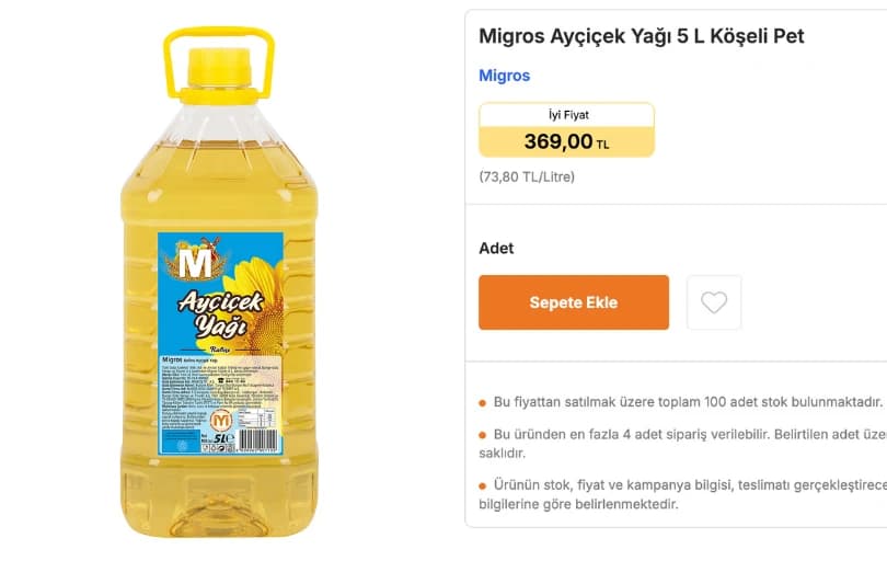 5L Migros Ayçicek Yağı 369 TL