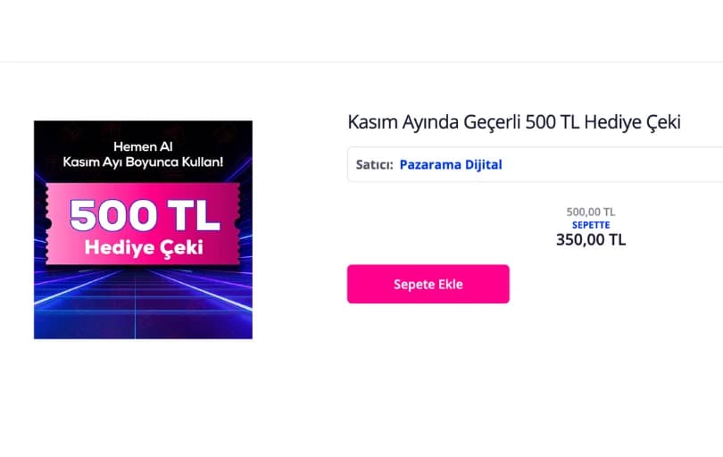 Pazarama 500 TL Hediye Çeki 350 TL