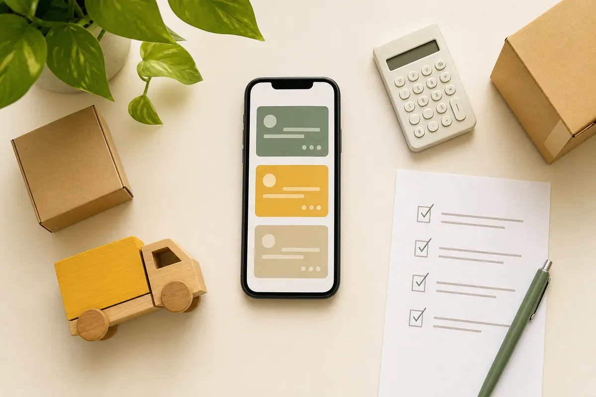 E-ticaret üyelik paketlerini karşılaştırmak için telefon, hesap makinesi ve kontrol listesi