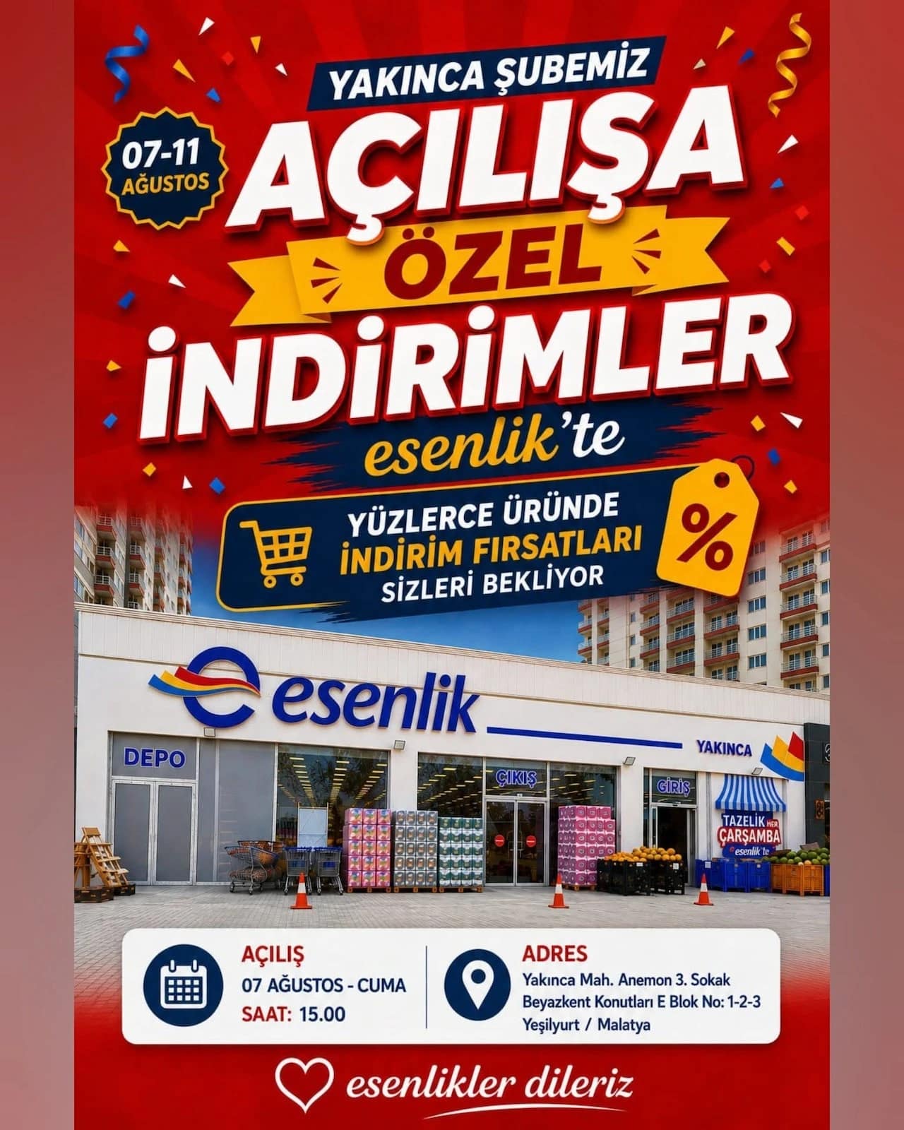 Esenlik Market - Yakınca Şubesi'ne Özel Açılış İndirim Broşürü 07 - 11 Ağustos 2026