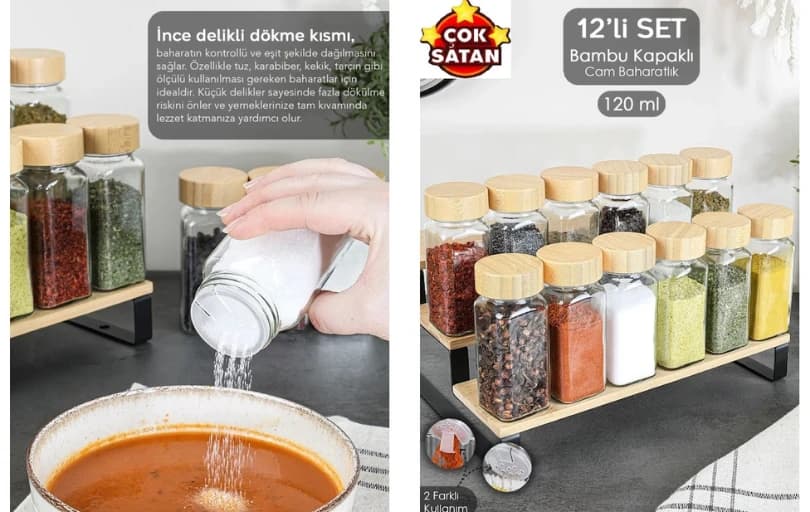 12'li Bambu Kapaklı Cam Baharatlık Seti 120ml 16 Adet - 299 TL