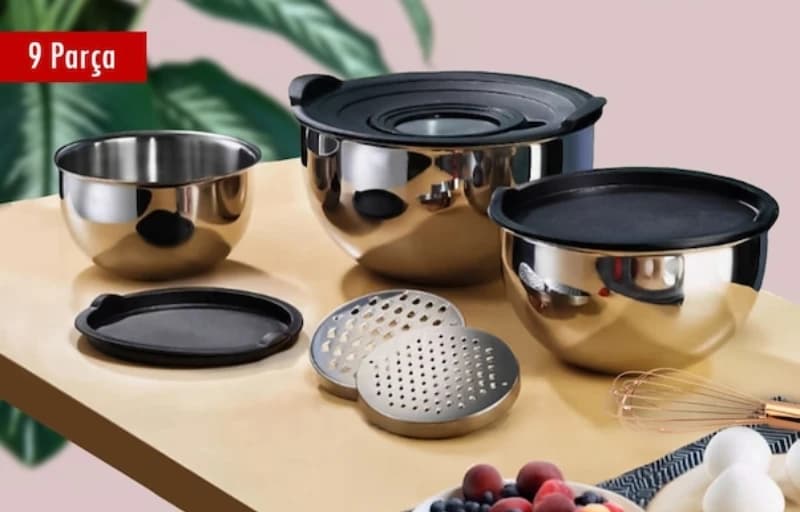 9 Parça Çelik Rendeli Saklama & Karıştırma Kabı Seti 689 TL!