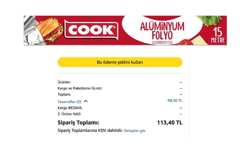 Cook Alüminyum Folyo 30 Cm X 15 M 81 TL (2 Adet Alımda 56 TL)