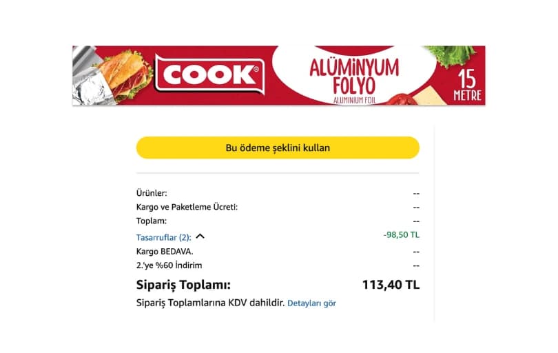 Cook Alüminyum Folyo 81₺ 2 Adet Alımda Adet 56,5₺ (Kargo Ücretsiz)