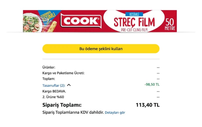 Cook Kesimli Streç Film 30 Cm X 50 M 81 TL (2 Adet Alımda 56 TL)