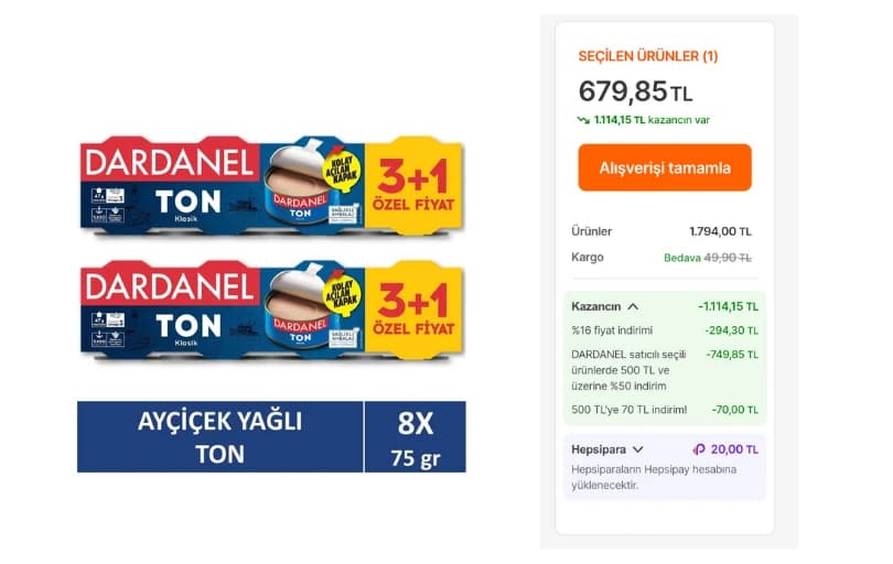 Dardanel Ayçiçek Yağlı Ton Balığı 4X75 Gr X 2 Adet 499 TL (3 Adet Alımda 226 TL) 28,32 TL/adet