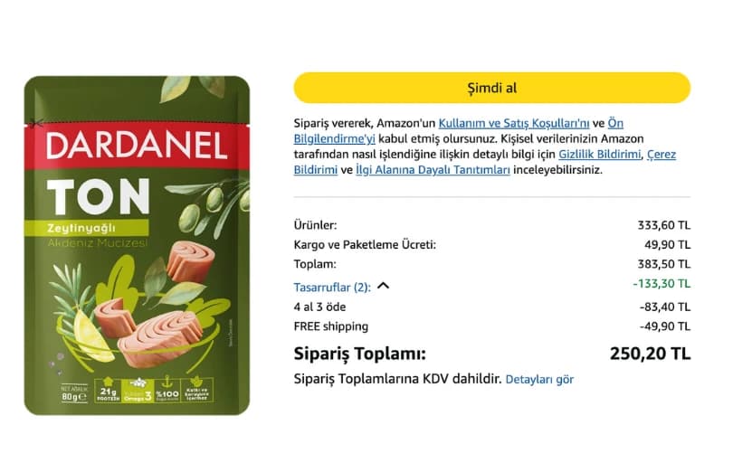 Dardanel Zeytinyağlı Ton Balığı 80 Gr 83 TL (4 Adet Alımda 62 TL)