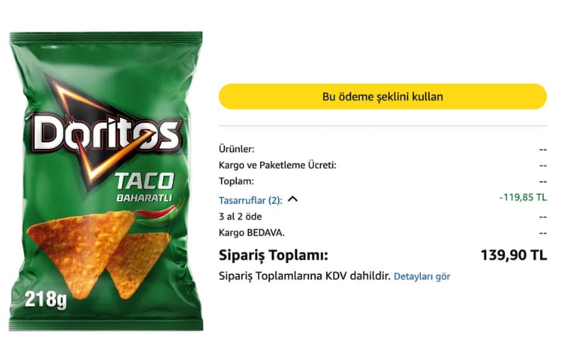 Doritos Taco Baharatlı Mısır Cipsi Mega Boy 218 G 69₺ (3 Adet Alımda 46₺) Kargo Ücretsiz