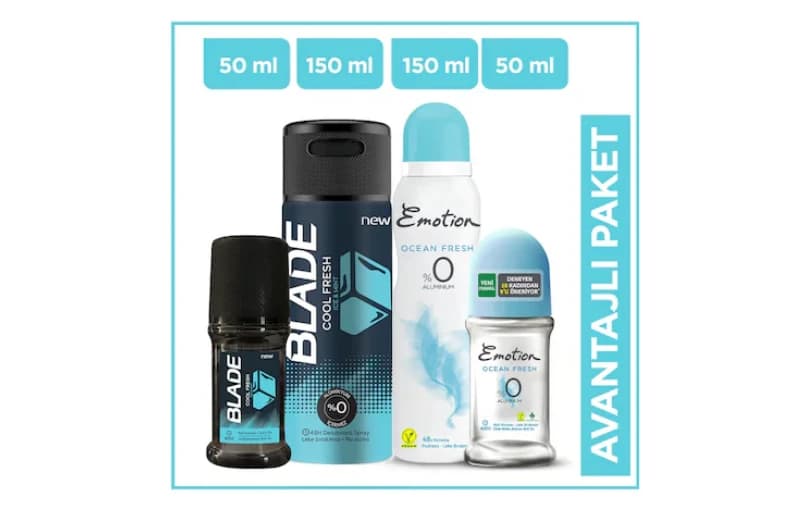 Emotion Sprey Deodorant + Roll-On + Blade Cool Fresh Erkek Deodorant + Roll-On 289 TL (2 Adet Alımda 202 TL)