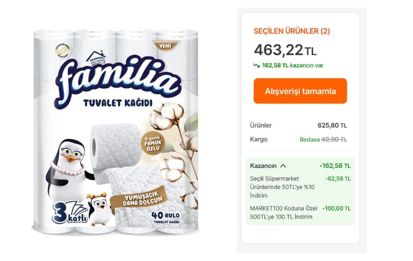 Familia Organik Pamuk Özlü Tuvalet Kağıdı 40 Rulo 2 adet Alımda İndirim Koduyla 231₺