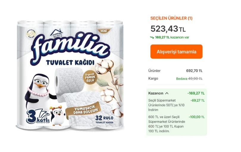 Familia Plus 32 Rulo 3 Katlı Beyaz Tuvalet Kağıdı 207₺ ( 3 Adet Alımda Sepette Kuponla 174 TL)