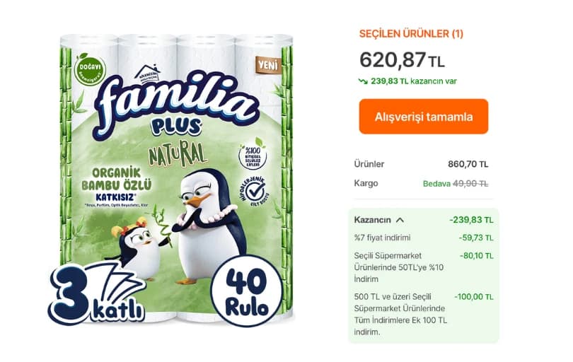 Familia Plus Natural 40'Lı Tuvalet Kağıdı 240 TL (3 Adet Alımda 206 TL)