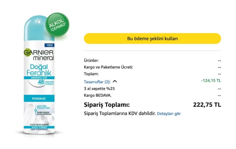 Garnier Mineral Doğal Ferahlık Sprey Deodorant 99₺ (3 Adet Alımda 74₺)