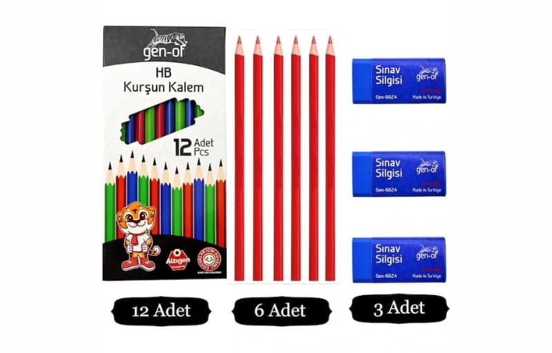 Gen-Of Hb Köşeli Kurşun Kalem 12'Li + Kopya Kalemi 6'Lı Kırmızı + Sınav Silgisi 3'Lü 72 TL