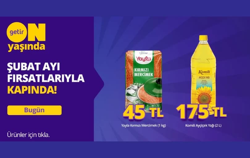 Getir Büyük Komili Ayçiçekyağı 2 L 175₺ - Yayla Kırmızı Mercimek 1 Kg 45₺