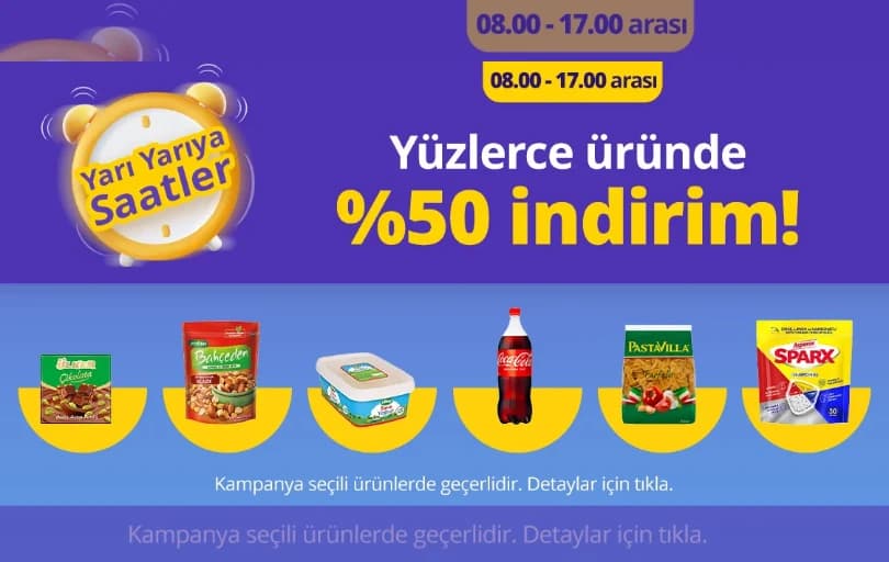 Getir'de Seçili Bir Çok Üründe %50 İndirim (Saat 17.00'a Kadar Geçerli)