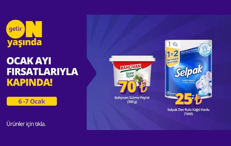 GetirBüyük'te Bahçıvan Süzme Peynir 500g 70 TL, Selpak Dev Rulo Kağıt Havlu 25 TL