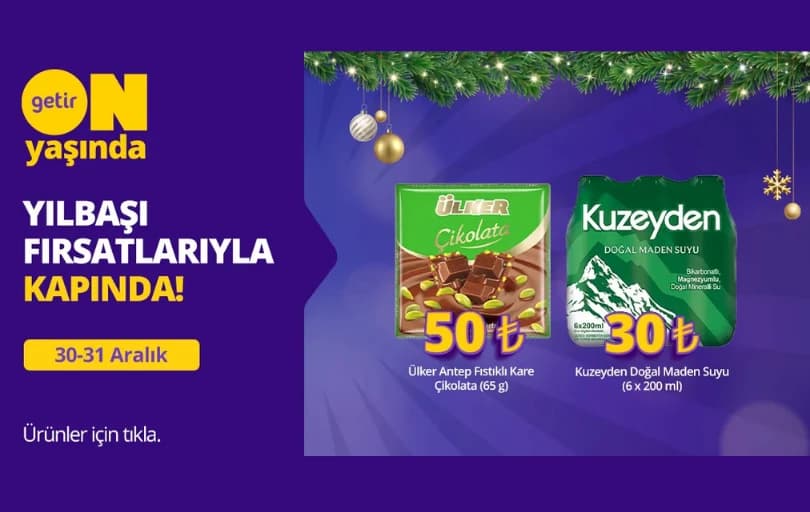 GetirBüyük'te Ülker Antep Fıstıklı Kare Çikolata 50₺, Kuzeyden 6'lı Maden Suyu 30₺