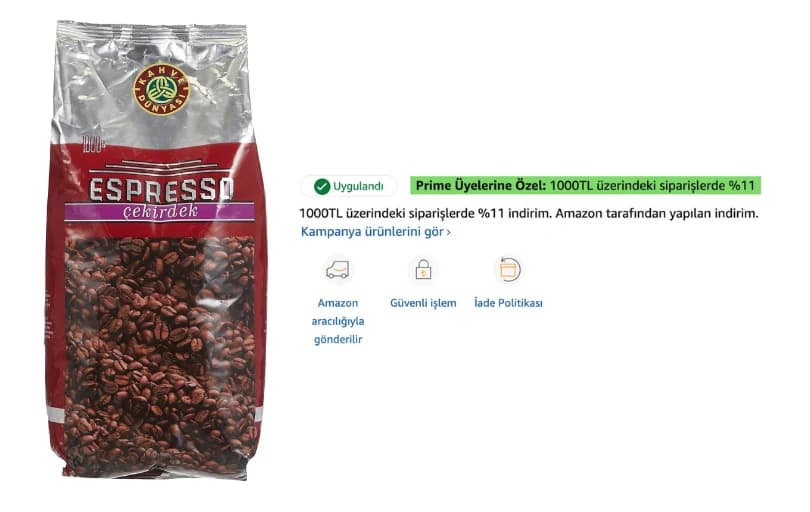 Kahve Dünyası 1 Kg Kavrulmuş Espresso Çekirdeği 517 TL (Son 1 Yılın En Düşüğü)