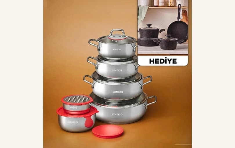 Karaca 13 Parça Saklama Kaplı Çelik Tencere Seti 4.499 TL (Hediyeli)