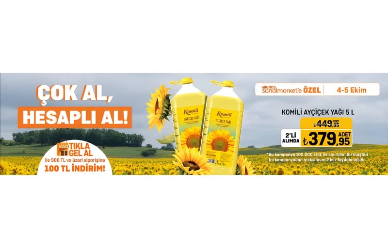 Komili 5 L Ayçiçek Yağı 2’li Alımda 379,95 TL – Migros Sanal Market