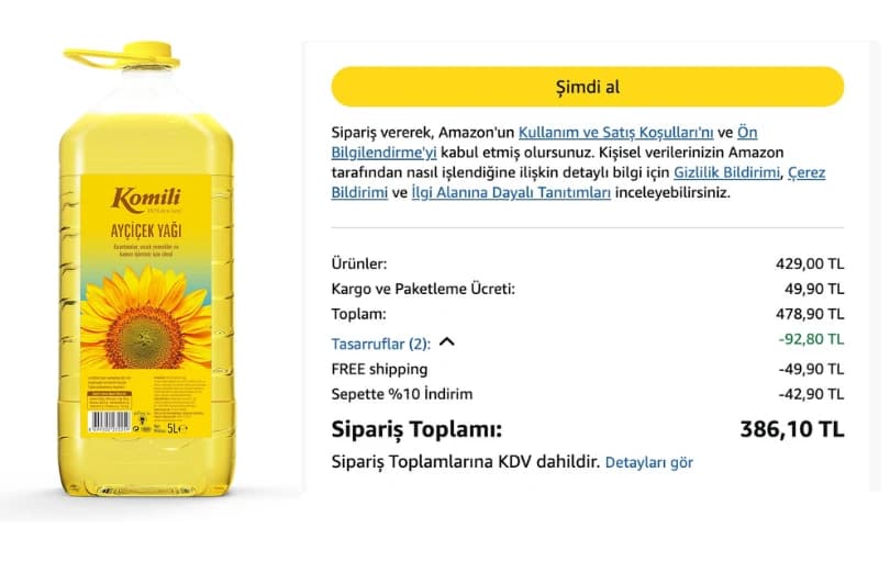 Komili Ayçiçek Yağı 5 lt 386 ₺ (İndirim Son Sayfada Uygulanır)