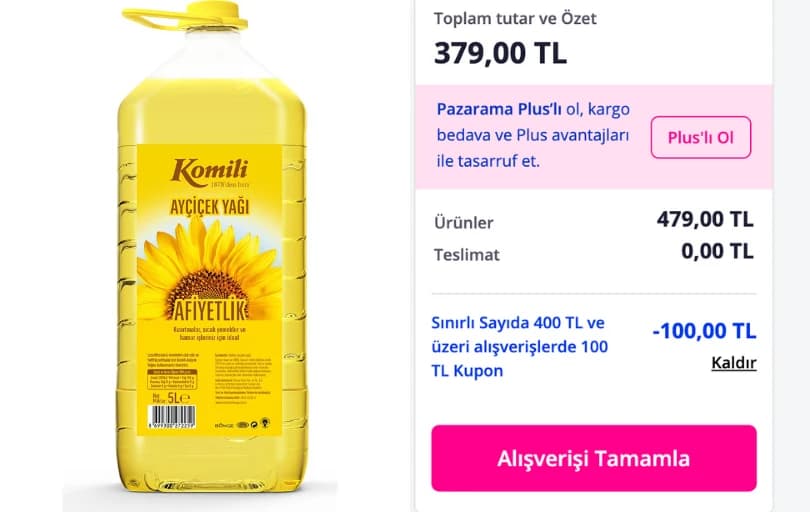 Komili Ayçiçek Yağı 5 Lt Dar Ağız Pet Şişe - 369 TL