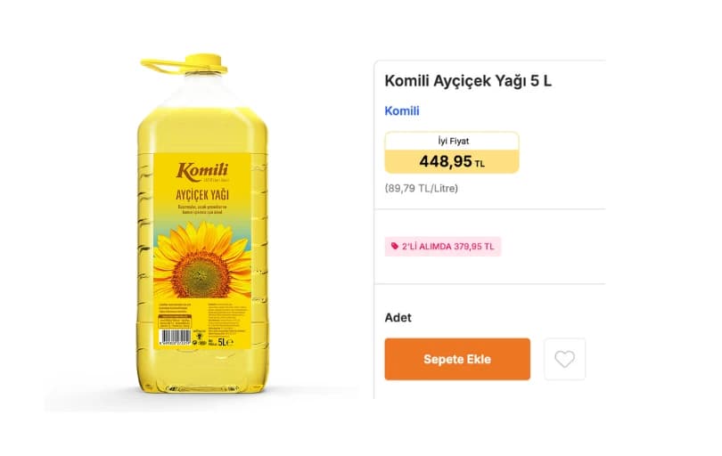 Komili Ayçiçek Yağı 5lt Migros Sanal Markete Özel 2'li Alımda 379,95₺