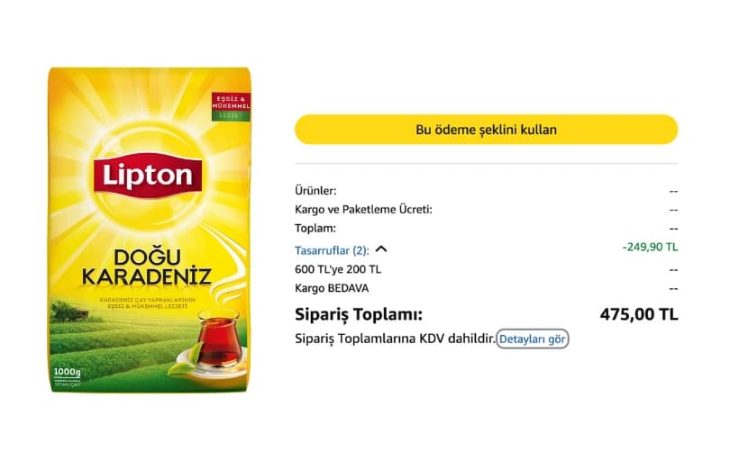 Lipton Doğu Karadeniz Bergamot Aromalı Çay, 1000 G 225 TL (3 Adet Alımda 158 TL)