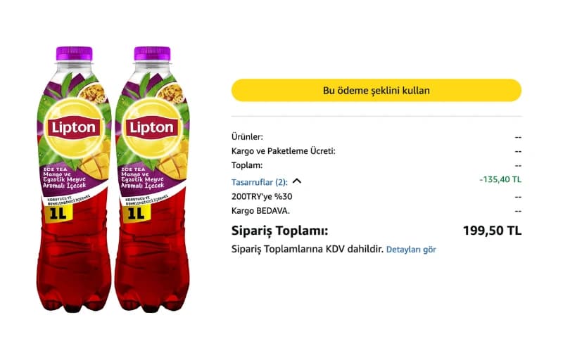 Lipton Ice Tea Mango Pet 1 L 2Li Paket 95 TL (3 Adet Alımda 66 TL) 33 TL/adet