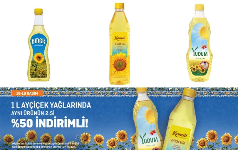 Migros 1 L Ayçiçek Yağlarında Aynı Ürünün 2.si %50 İndirimli
