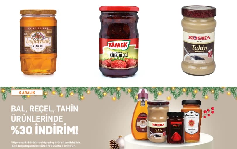 Migros Bal, Reçel, Tahin Ürünlerinde %30 İndirim