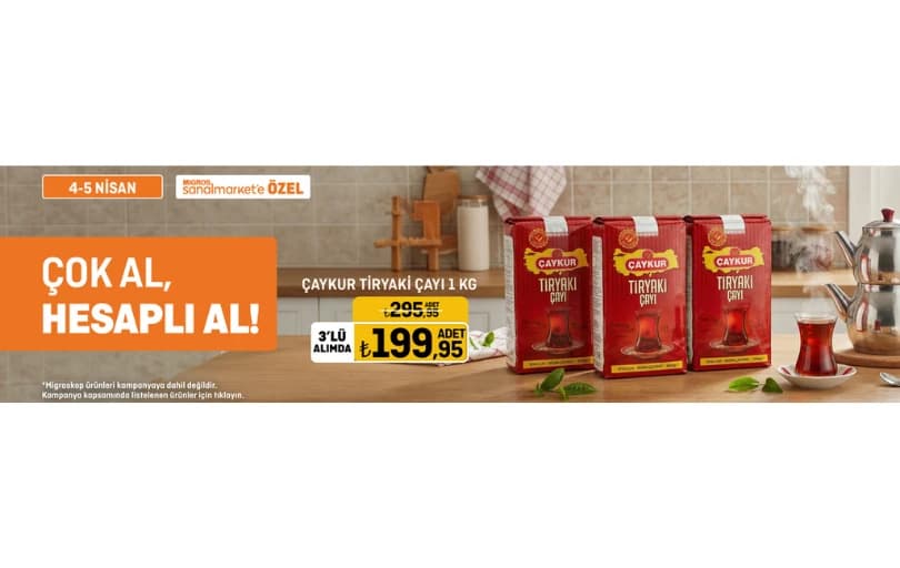 Migros Çaykur Tiryaki Çayı 1 Kg 3'lü Alımda 199,95₺