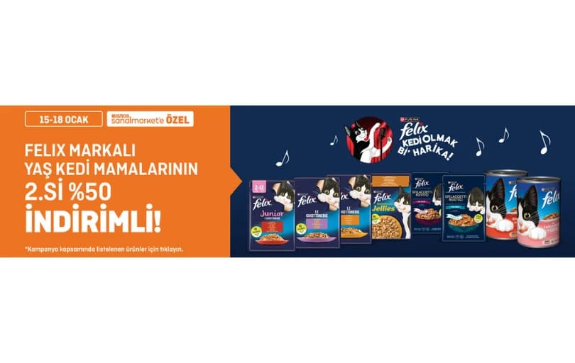 Migros Felix Yaş Kedi Mamalarında 2.si %50 İndirimli