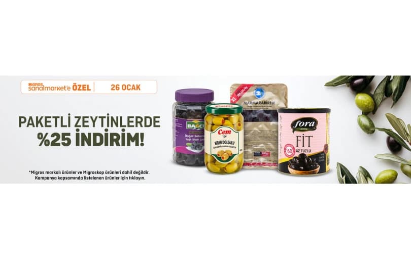 Migros Paketli Zeytinlerde %25 İndirim