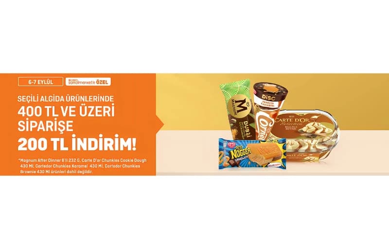 Migros Sanal Market’e Özel Algida Ürünlerinde 400 TL Ve Üzeri Siparişlerde 200 TL İndirim!