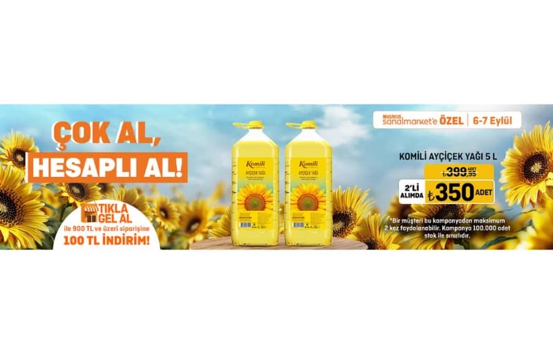 Migros Sanal Market’e Özel! Komili Ayçiçek Yağı 5 L – 2’li Alımlarda 350 TL