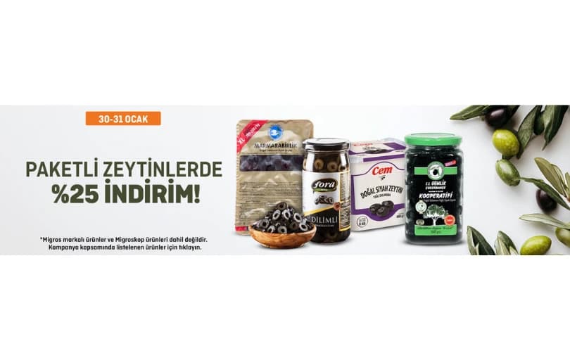 Migros Sanal Market'te Paketli Zeytinlerde %25 İndirim
