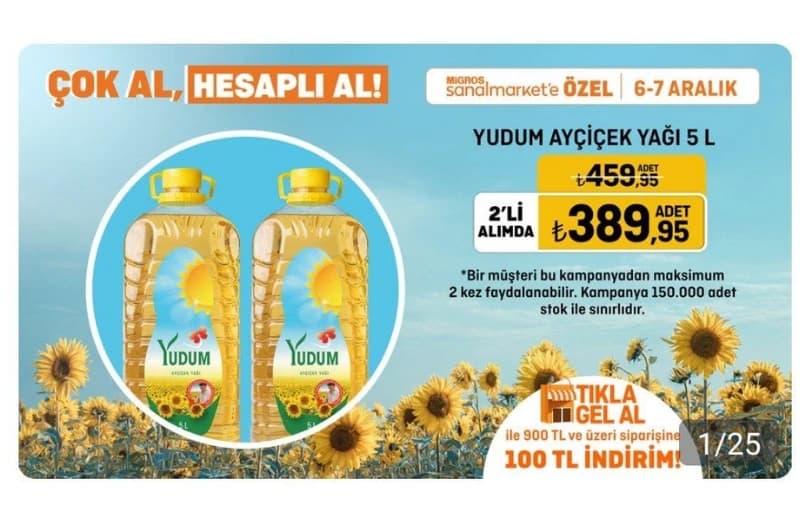 Migros Sanal Market'te Yudum Ayçiçek Yağı 5 L 2'li Alımda Adet 390₺