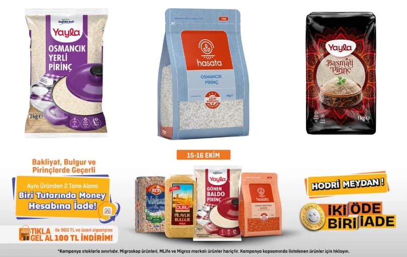 Migros'ta 2 Al 1 İade : Bakliyat, Bulgur ve Pirinç Ürünlerinde Geçerli