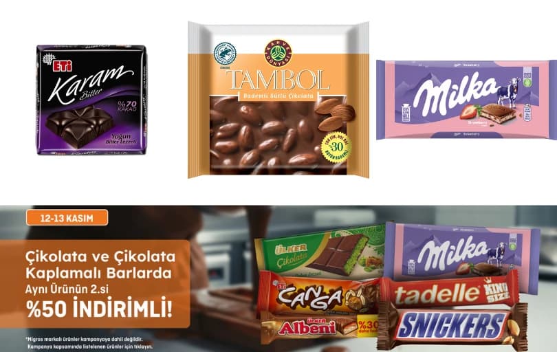 Migros'ta Çikolata ve Çikolata Kaplamalı Barlarda Aynı Ürünün 2.si %50 İndirimli