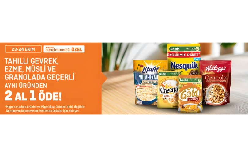 Migros – Tahıllı Gevrek, Ezme, Müsli ve Granolalarda 2 Al 1 Öde!