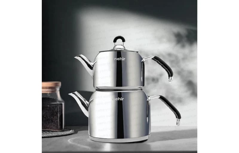 Nehir Modern Maxi Büyük Boy Paslanmaz Çelik 1.6-2.5 Lt. Çaydanlık Takımı Sepette kuponla 1303 TL