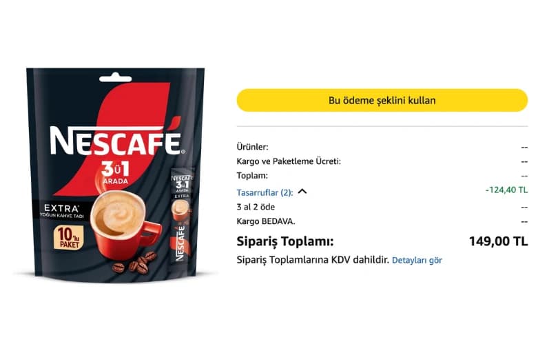 Nescafé 3'ü 1 Arada 10'lu Paket 74₺ (3 Adet Alımda 49₺) Kargo Ücretsiz