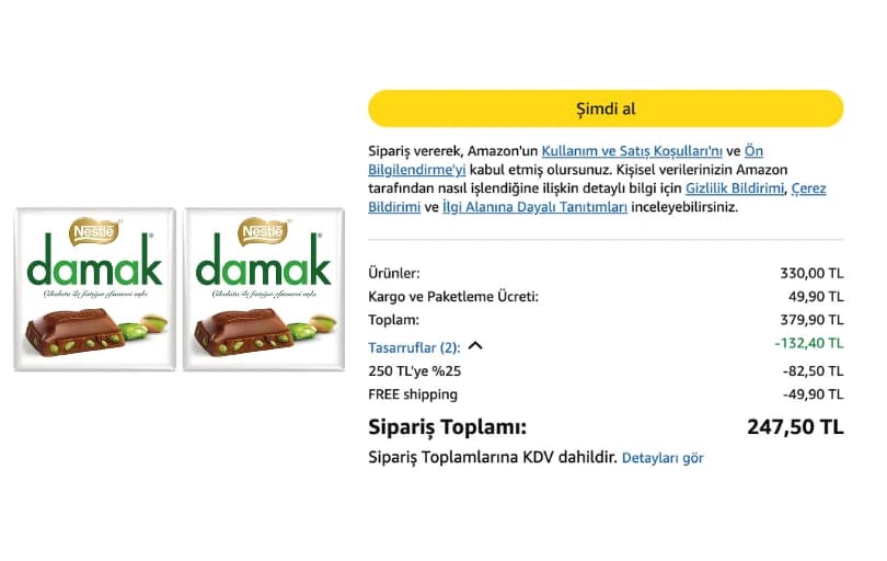 Nestlé Damak Çikolata 60 G, 1 Adet 2Li Paket 110 TL (3 Adet Alımda 82 TL) 41,25 ₺ adet fiyatı