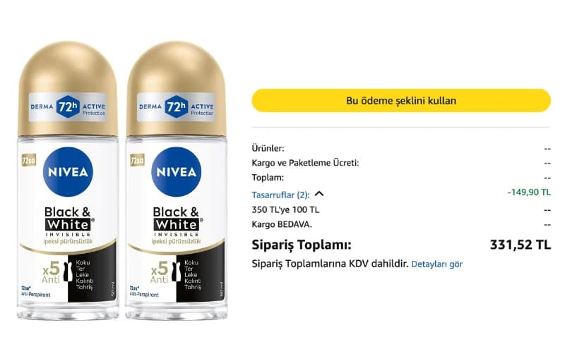 Nivea Kadın Roll On Deodorant 2'li 107 ₺ (4 Adet Alımda 82 TL)