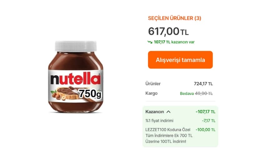 Nutella Kakaolu Fındık Kreması 750 Gr 239₺ (3 Adet Alımda 205₺)