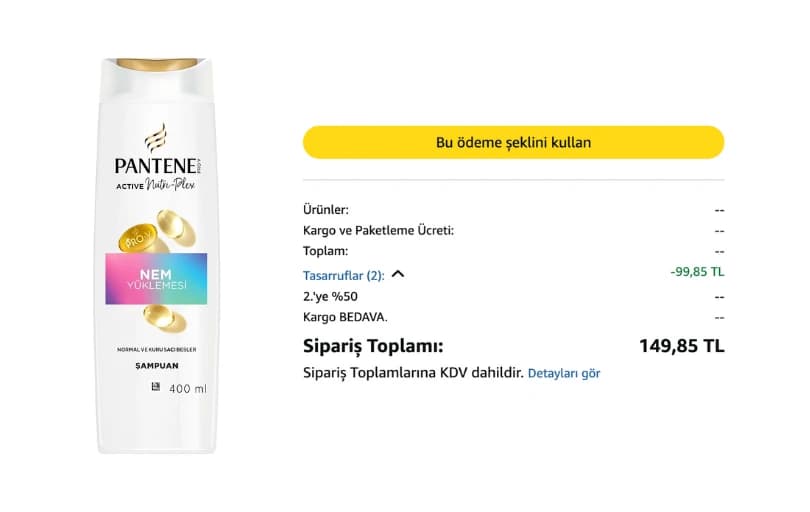 Pantene Şampuan 400 ml 100₺ (2 Adet Alımda 75 ₺)