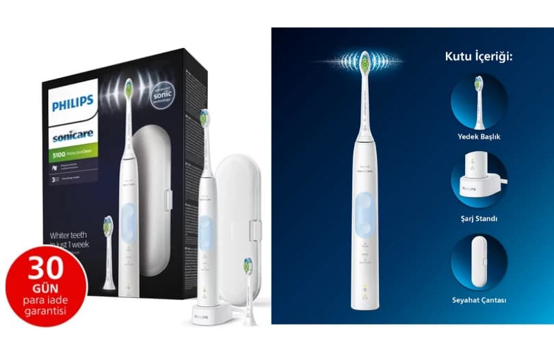 Philips Sonicare Protective Clean 5100 Şarjlı Diş Fırçası, Seyahat Kabı, Yedek Başlık-beyaz 3498tl