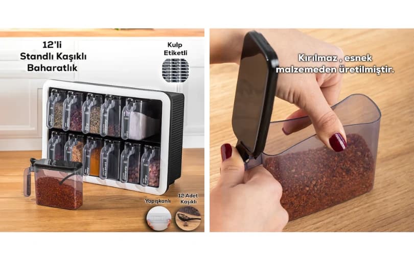Porsima Kendinden Yapışkanlı ve Kapaklı Baharatlık Seti 12'li - 269 TL